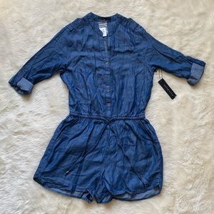 Haute Monde Button-up Tie-waist Romper, Size M Blue